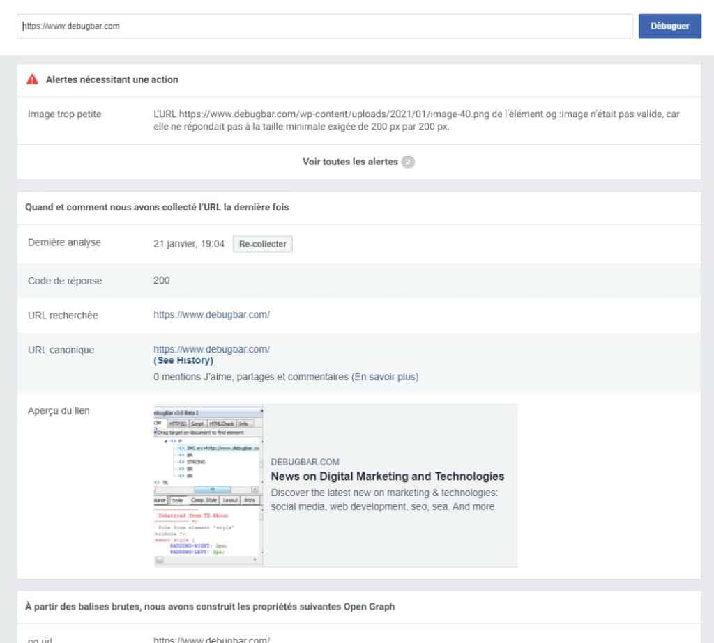 facebook debug analyse détaillée des données open graph de la page