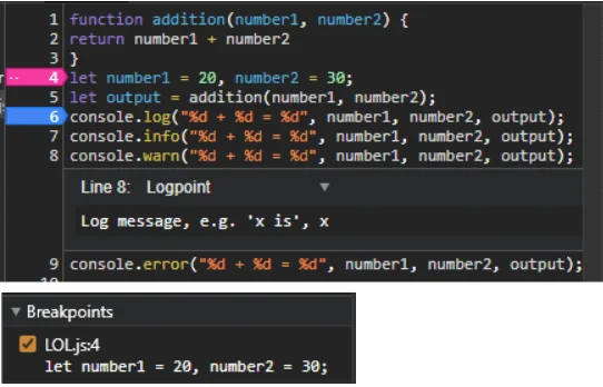 additionnal logpoints javascript debug