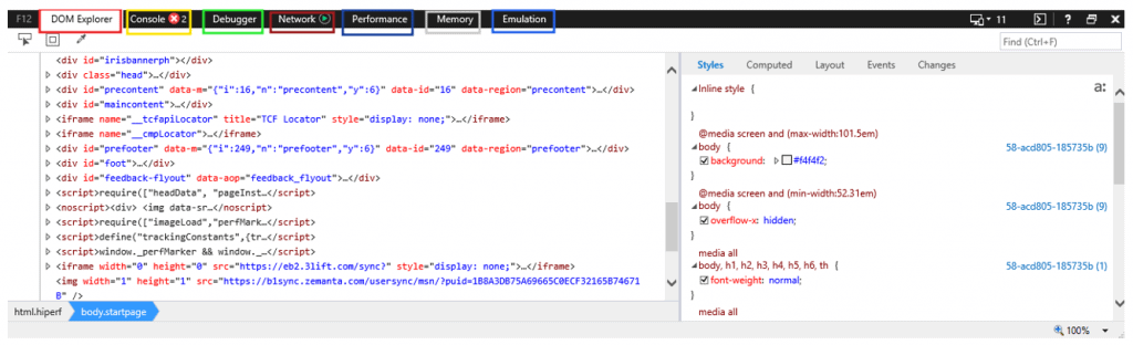 Screenshot of Internet Explorer Developers Tools