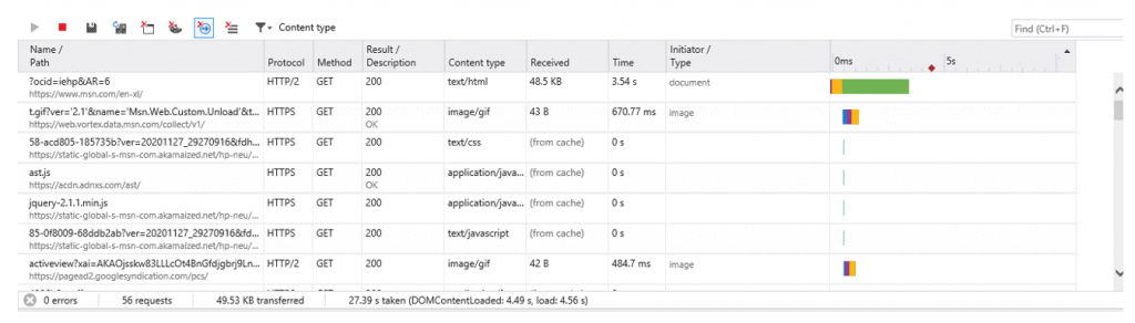 Internet Explorer Developers Tools Network Tab