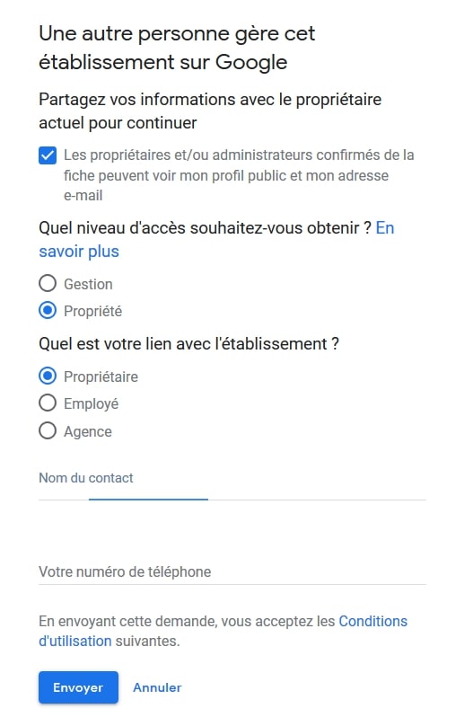 formulaire acces google my business