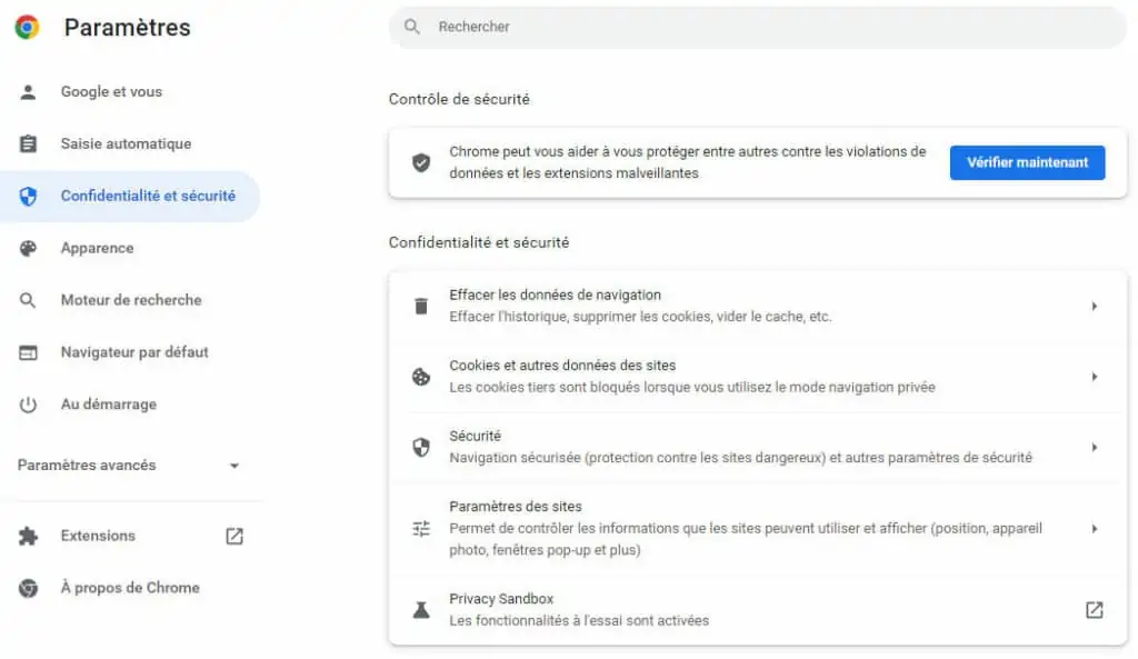 parametres confidentialite chrome