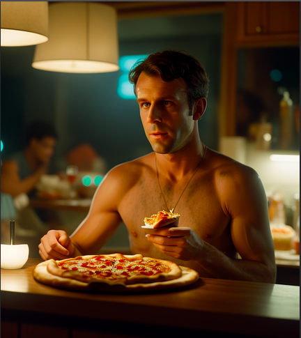 emmanuel macron mangeant une pizza en maillot de bain