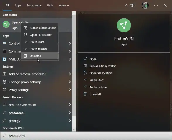 right click proton uninstall