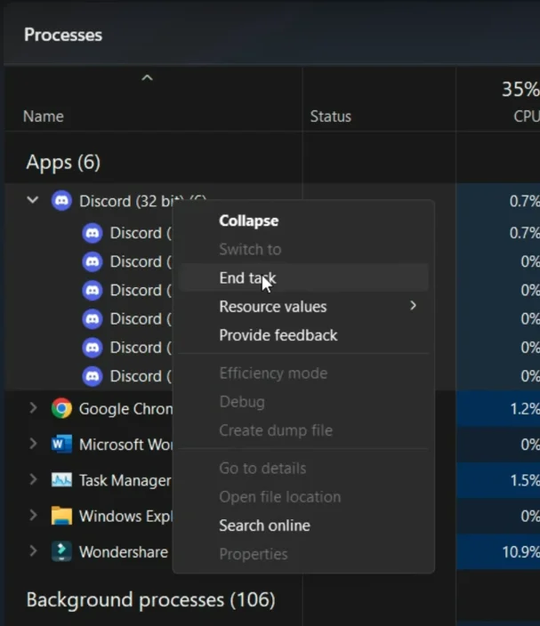 2.discord gestionnaire windows end task